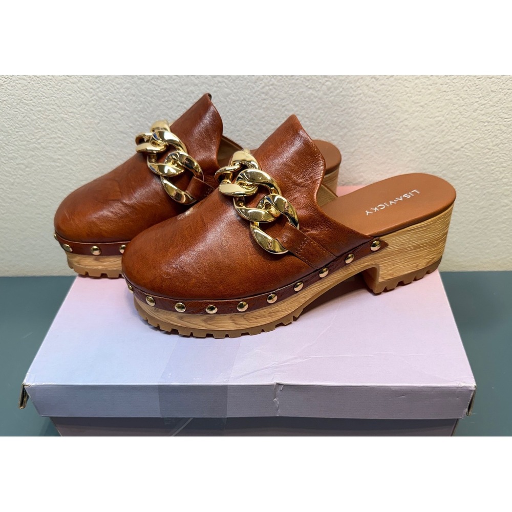 Lisa Vicky VIGOR-V Chestnut Chain Platform Clog Mules Women's Size 8M NIB
